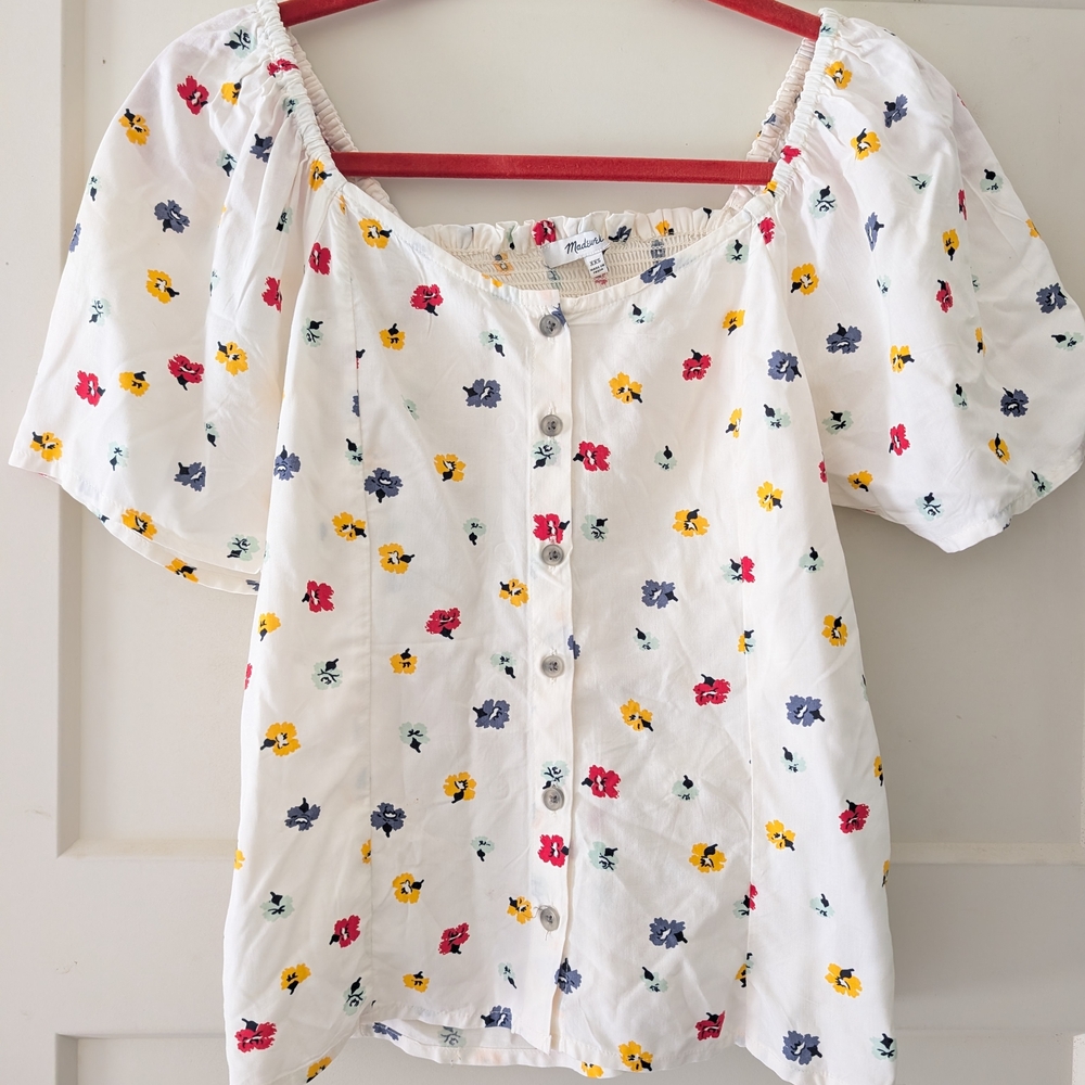 Madewell White Floral Button-Front Peasant Top